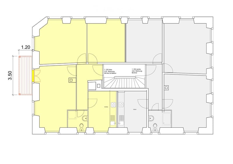 Floor plan of a two-story house with three bedrooms, two bathrooms, and a balcony.