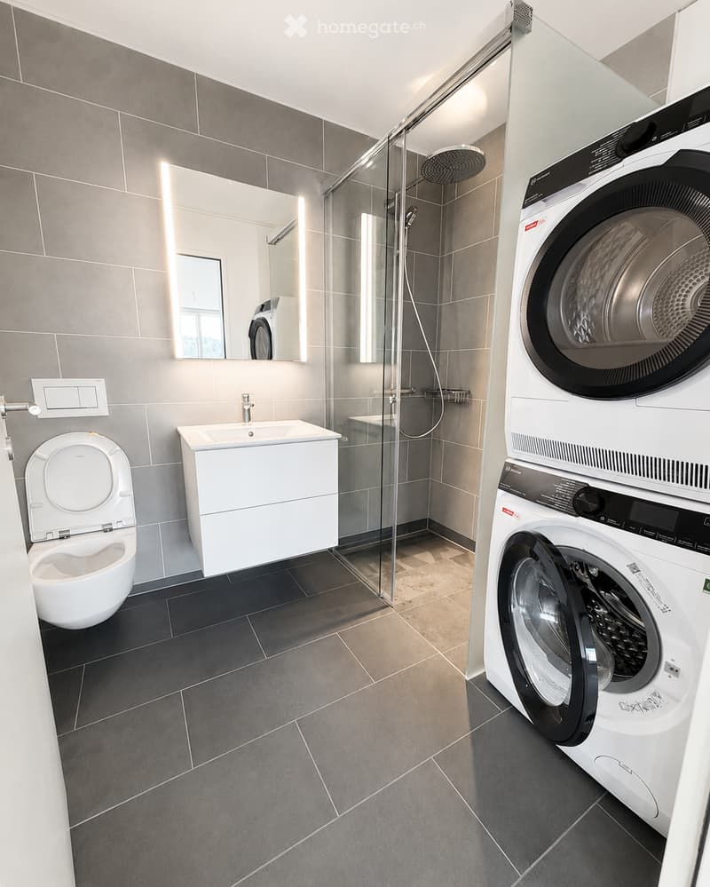 Modern bathroom with a toilet, sink, mirror, glass-enclosed shower, and stacked washing machine and dryer.