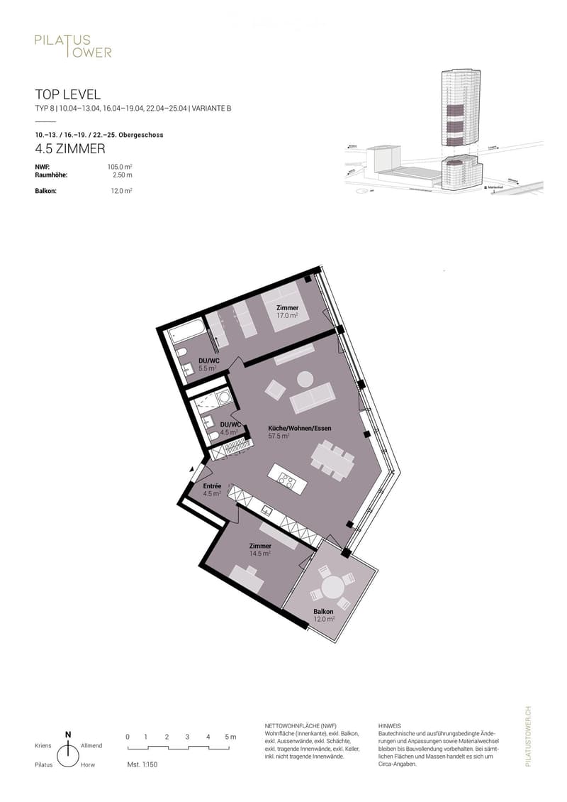 Floor plan of a 4.5-room apartment on the top level, including a kitchen/living/dining area, two bedrooms, two bathrooms, and a balcony.