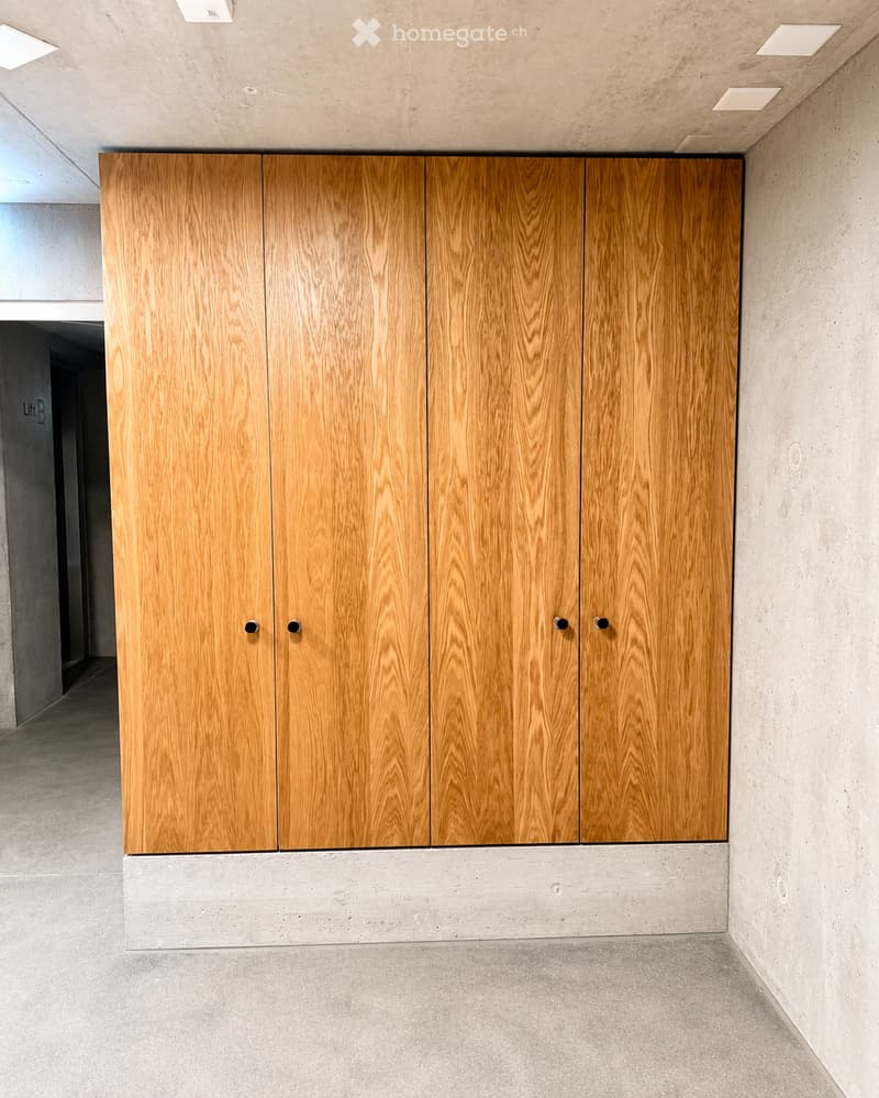 Modern hallway with a large wooden storage unit featuring multiple doors and sleek black handles, set against concrete walls and floor.