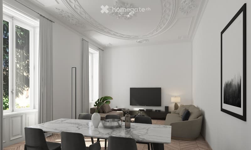 Elegant living room with white walls, ornate ceiling, large windows with curtains, a marble dining table with chairs, a sofa, a television, a lamp, and a decorative vase on the table.