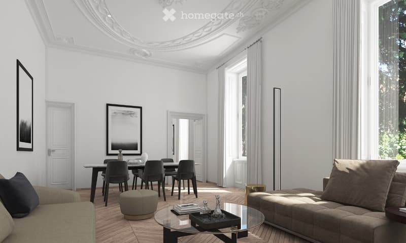 Elegant living and dining area with a curved ceiling, large windows, and modern furniture including a sofa, coffee table, ottoman, dining table, and chairs.