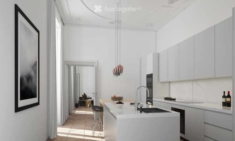 Modern kitchen with white cabinets, a central island, and a sleek sink. A framed picture hangs on the wall, and a living area is visible through an open doorway.