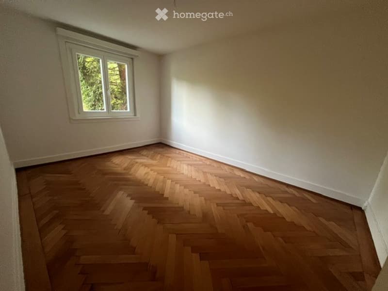 Empty room with wooden herringbone flooring and white walls, featuring a single window with white frame and glass panes.