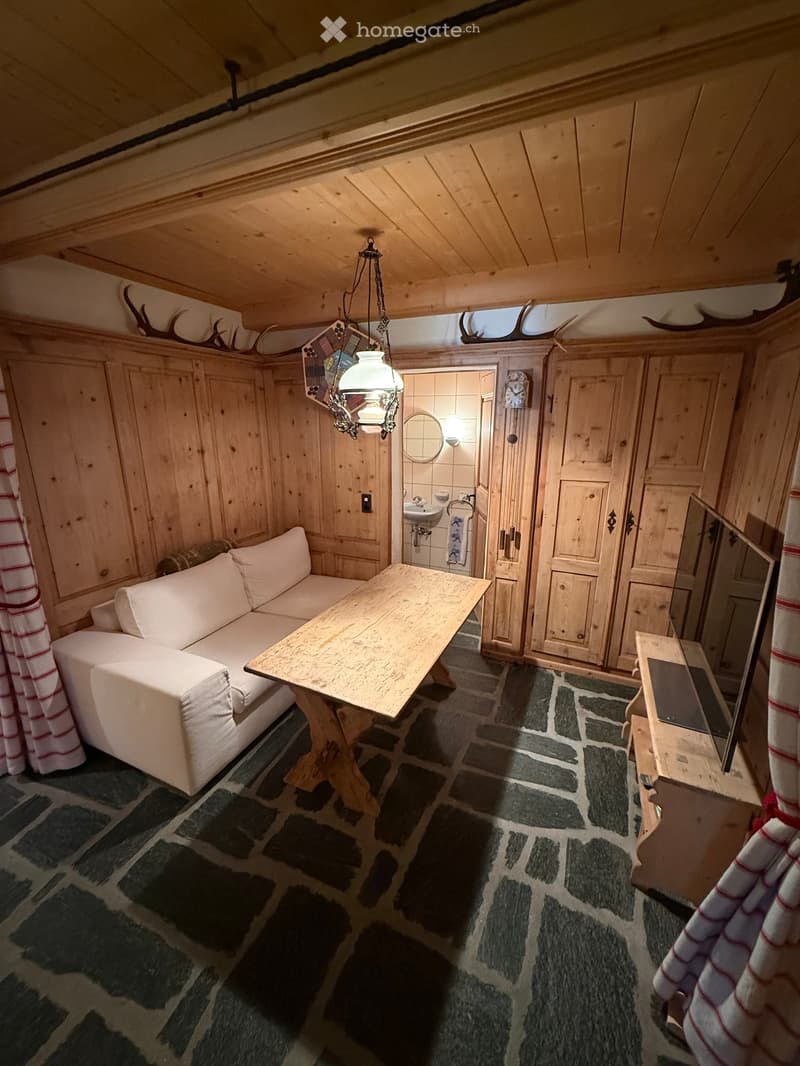 Cozy wooden-paneled room with a sofa, wooden table, chandelier, and a small bathroom area with a sink and mirror.