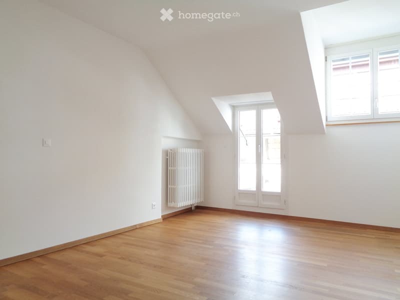 Empty attic room with wooden flooring, white walls, and multiple windows including a skylight and a door leading outside.