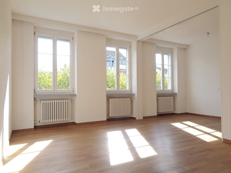 Empty room with wooden flooring, white walls, large windows, and radiators under the windows.