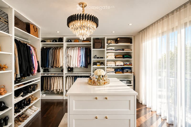 A well-organized walk-in closet with white built-in wardrobes, shelves filled with folded clothes, hanging garments, and various accessories. A large chandelier hangs from the ceiling, and a white vanity table with a decorative tray sits in the center.