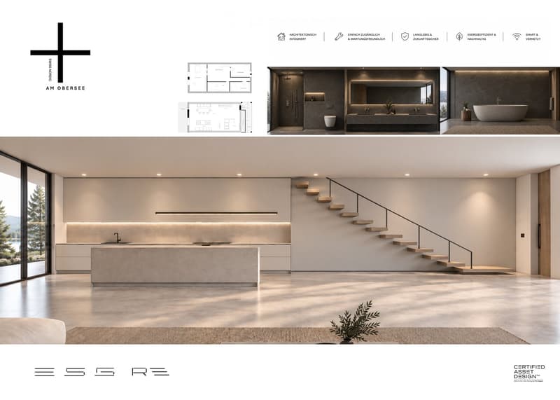 Floor plan layout showing a modern kitchen, staircase, and additional rooms. Includes a bathroom and a living area with a large window view.