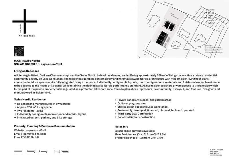 Site plan of five Swiss Nordic bi-level residences on Lake Constance, showing private access to the lakeside, wellness and garden areas, optional playzone, and shared direct access to the lake.