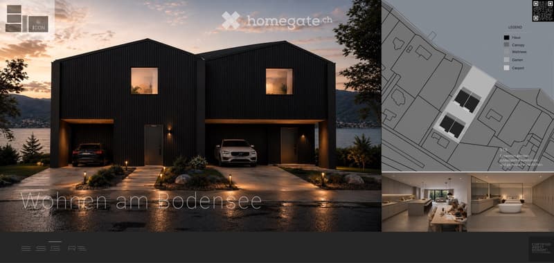 Modern black house with large windows, garage, and scenic lake view.