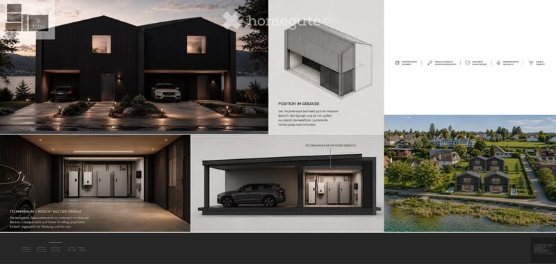 Modern black house with large garage, two cars parked, sleek design, surrounded by greenery and a scenic view.