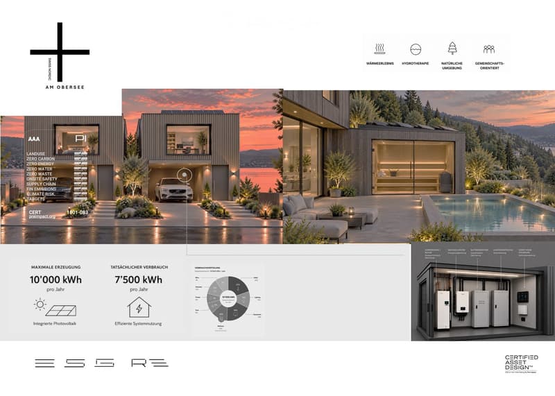 Modern two-story house with large windows, solar panels, garage, swimming pool, and landscaped garden.