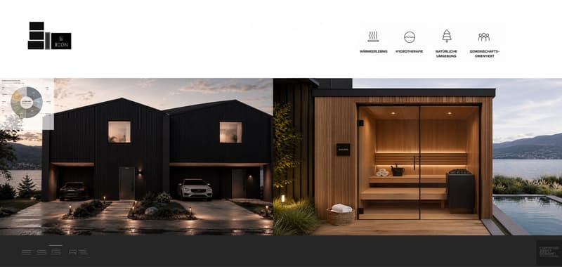 Modern two-story house with black exterior, large windows, and two-car garage. Adjacent wooden sauna with a view of the lake.