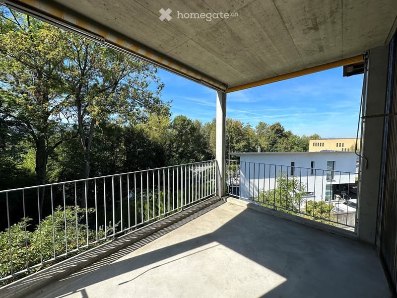 Modern balcony with metal railing, concrete floor, and views of trees and neighboring buildings.