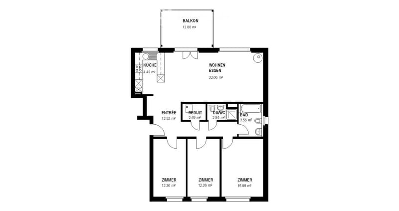Floor plan of a 3-bedroom apartment with kitchen, living/dining area, bathroom, and balcony.