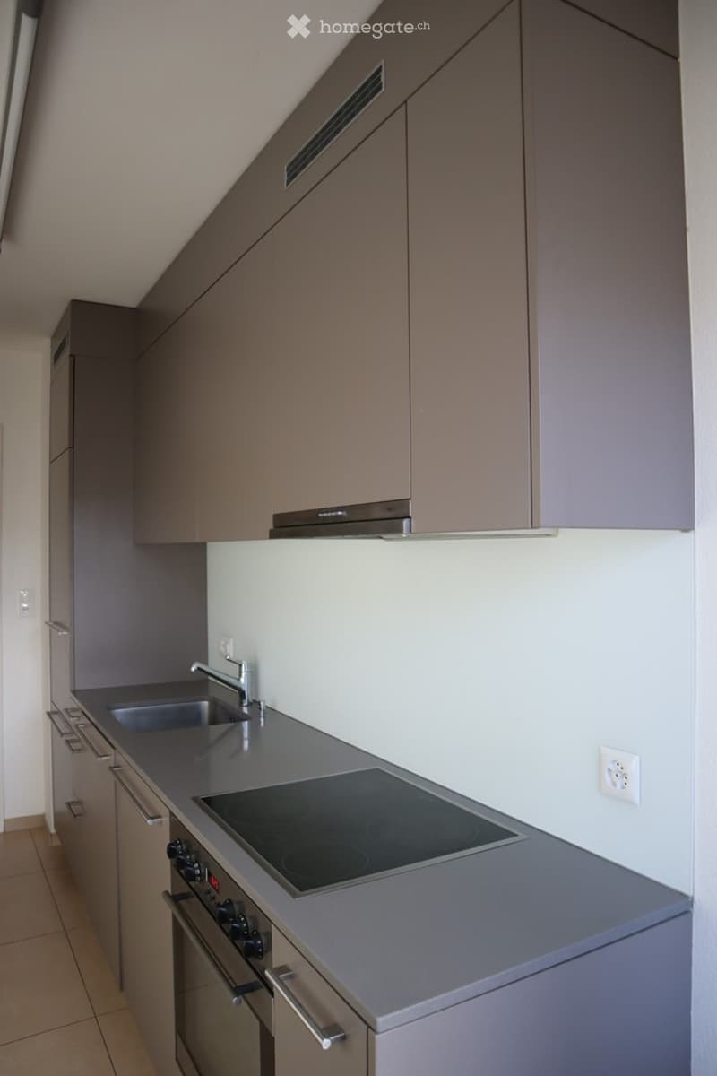 Modern kitchen with grey cabinets, induction cooktop, oven, sink, and faucet.