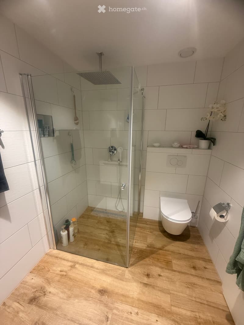 Modern bathroom with wooden flooring, a glass-enclosed shower, a toilet, and a small shelf with toiletries and a flower arrangement.