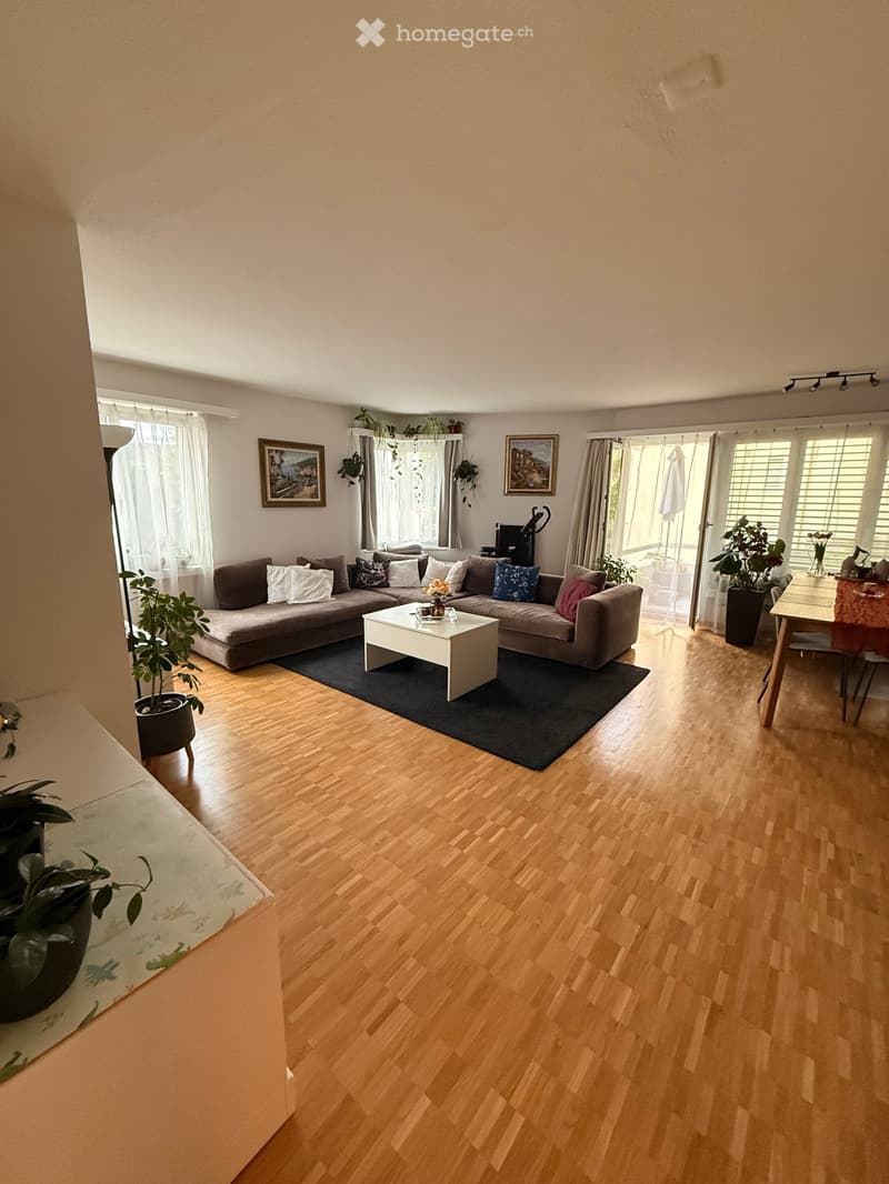 Bright living room with wooden flooring, large sectional sofa, coffee table, dining area with table and chairs, and several potted plants.