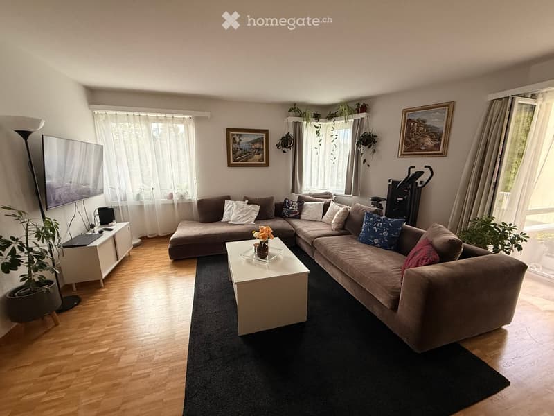 Modern living room with a sectional sofa, coffee table, floor lamp, laptop, and decorative plants. Large windows with sheer curtains allow natural light to fill the space.