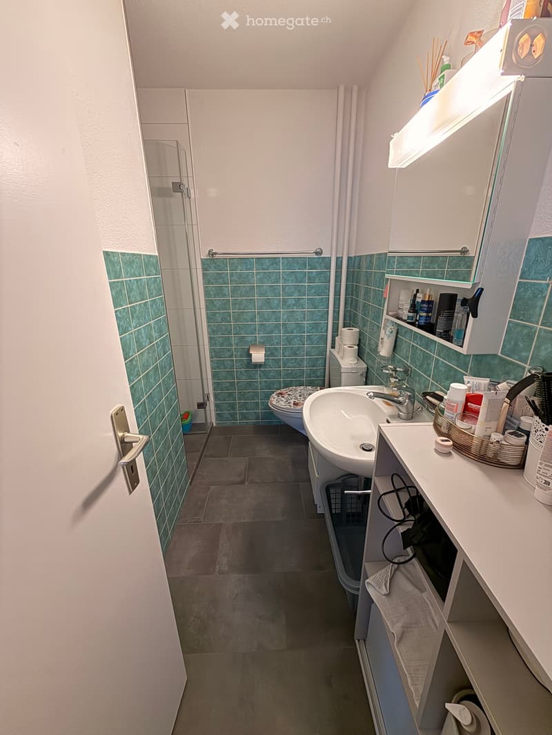 Bathroom with green tiled walls, a sink with a mirror cabinet, a toilet, and a shower area with a glass door. The floor is tiled, and there is a towel on the cabinet.
