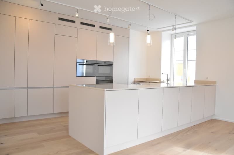 modern kitchen, white cabinets, wooden floor, island with sink, built-in oven, large windows