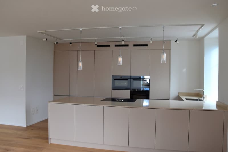 modern kitchen with white cabinets, granite countertop, built-in oven, induction cooktop, pendant lights, wooden floor