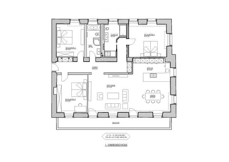 4 rooms, kitchen, 2 bathrooms, balcony