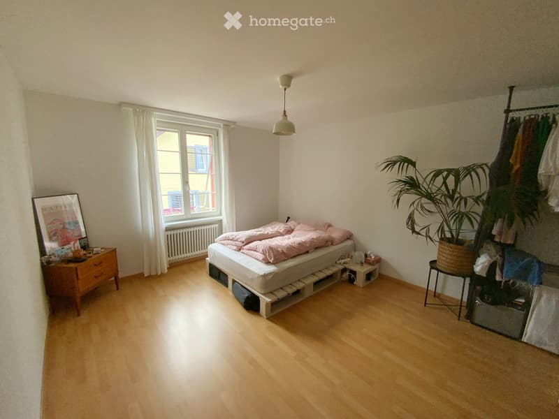 A well-lit bedroom with wooden flooring, a bed with pink bedding, a nightstand with a picture frame, a hanging plant, and a clothes hanger on the wall.