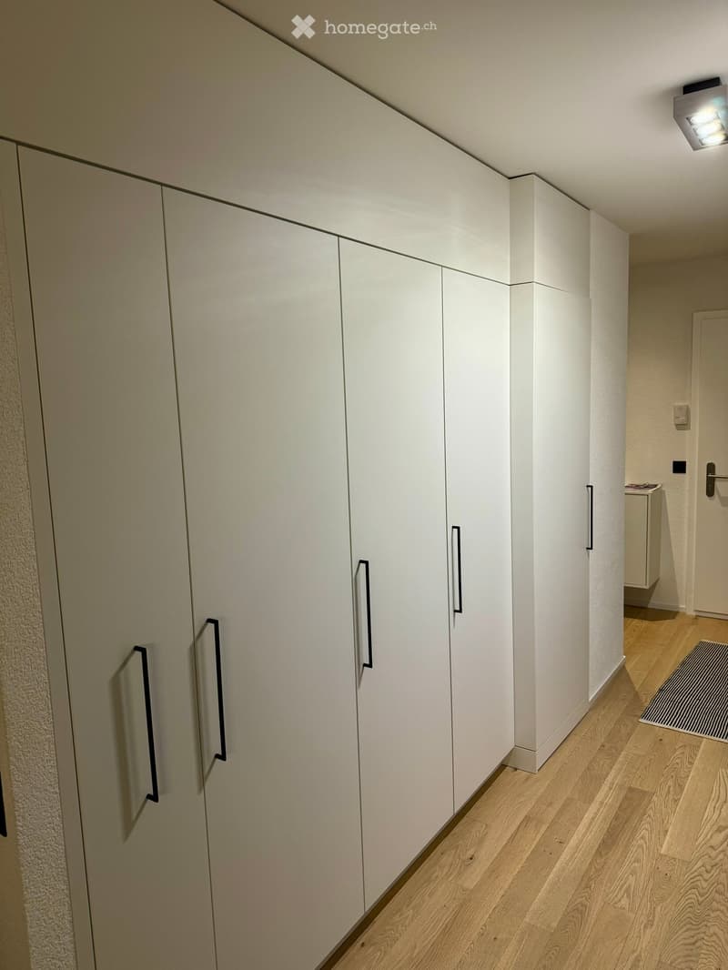 A modern hallway with light wooden flooring, white built-in wardrobes with sleek handles, and a small rug near the door.