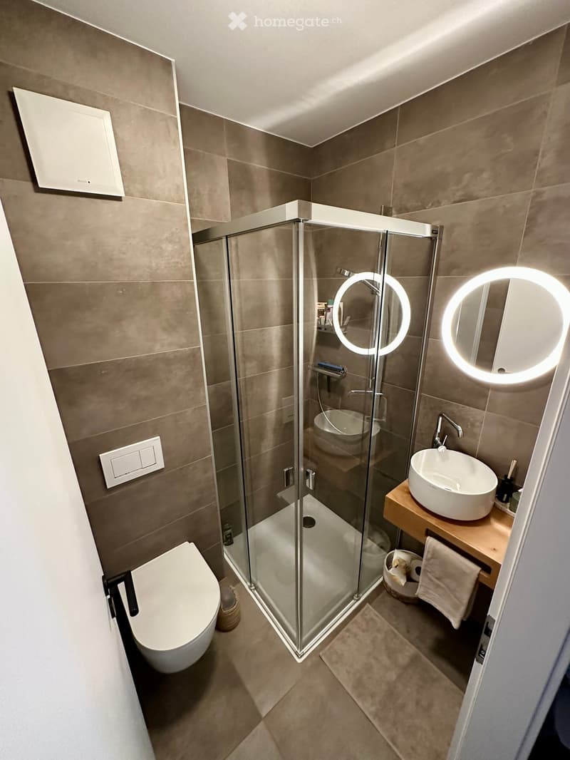 Modern bathroom with a glass-enclosed shower, a toilet, a sink with a wooden vanity, and a round illuminated mirror.