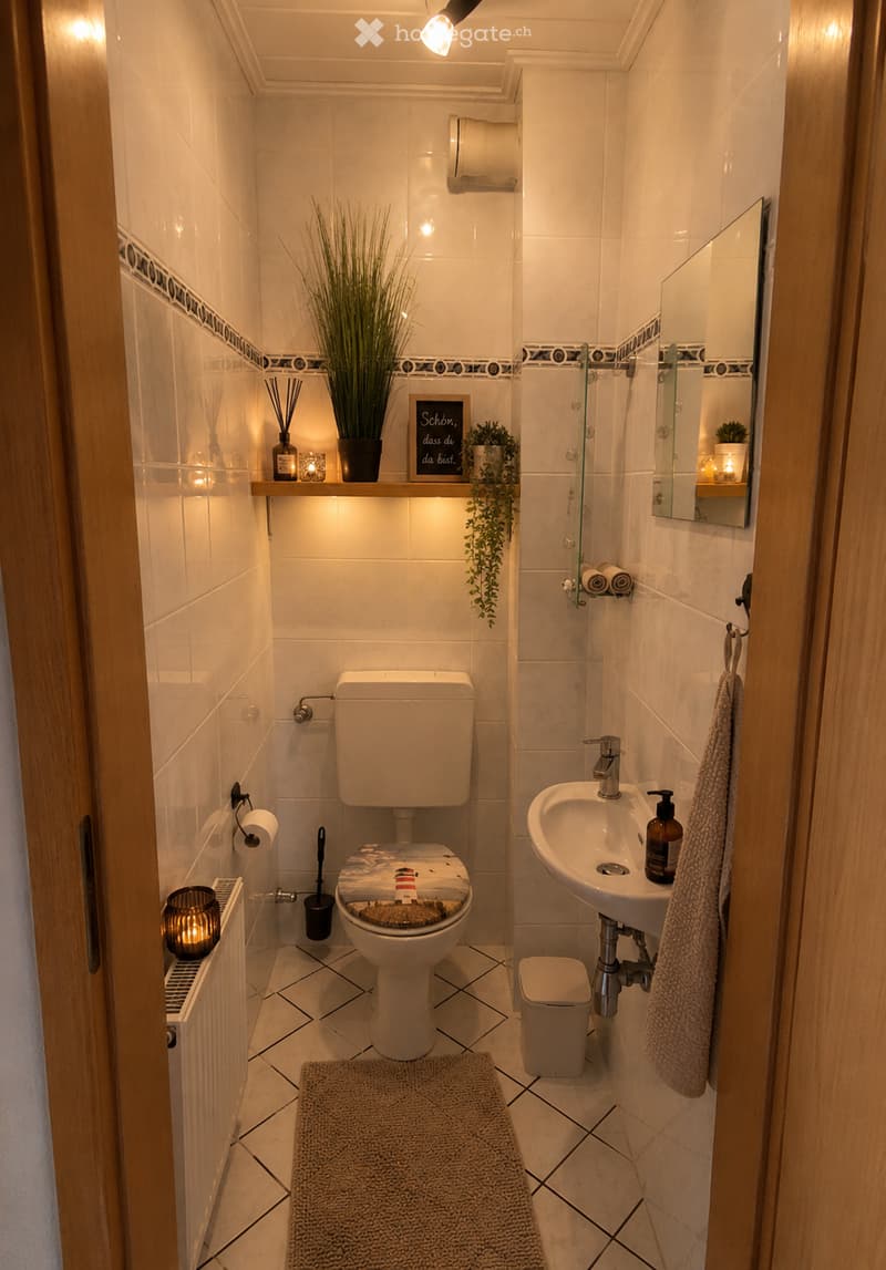Cozy bathroom with white tiles, a toilet, sink, mirror, and decorative elements including a potted plant and candles.