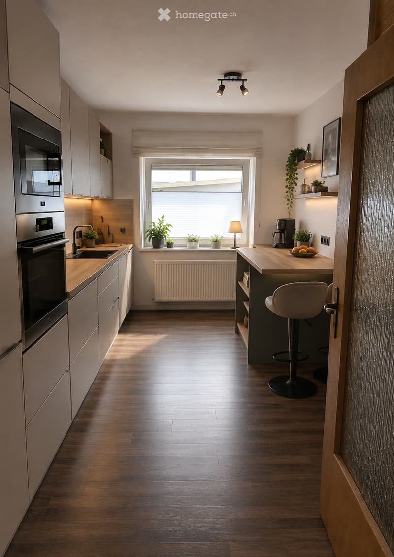 Modern kitchen with light-colored cabinets, wooden flooring, and a central island with a bar stool. Features an oven, sink, coffee maker, potted plants, and a framed picture on the wall.