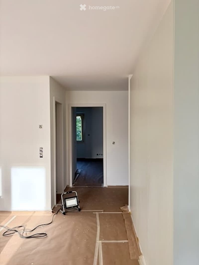 Empty hallway with unfinished wooden flooring, white walls, and a small light fixture on the floor.