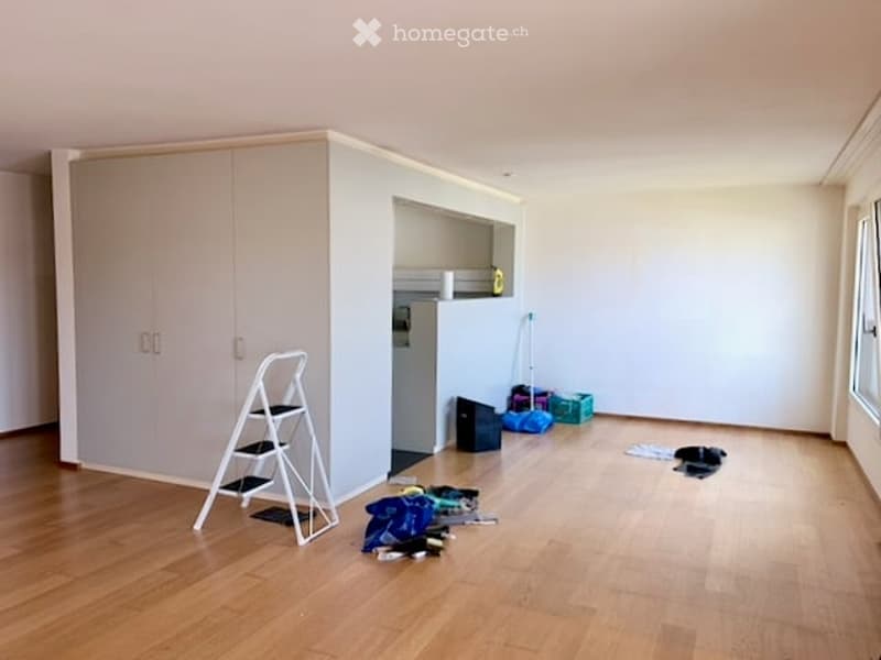 Empty room with wooden flooring, white walls, built-in closet, and a small kitchenette area. No furniture or major appliances are present.