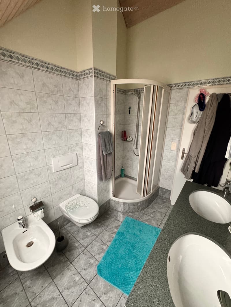 Modern bathroom with a toilet, bidet, bathtub, sink, and a walk-in shower. Includes a towel, bathrobe, and a blue bathmat on the floor.