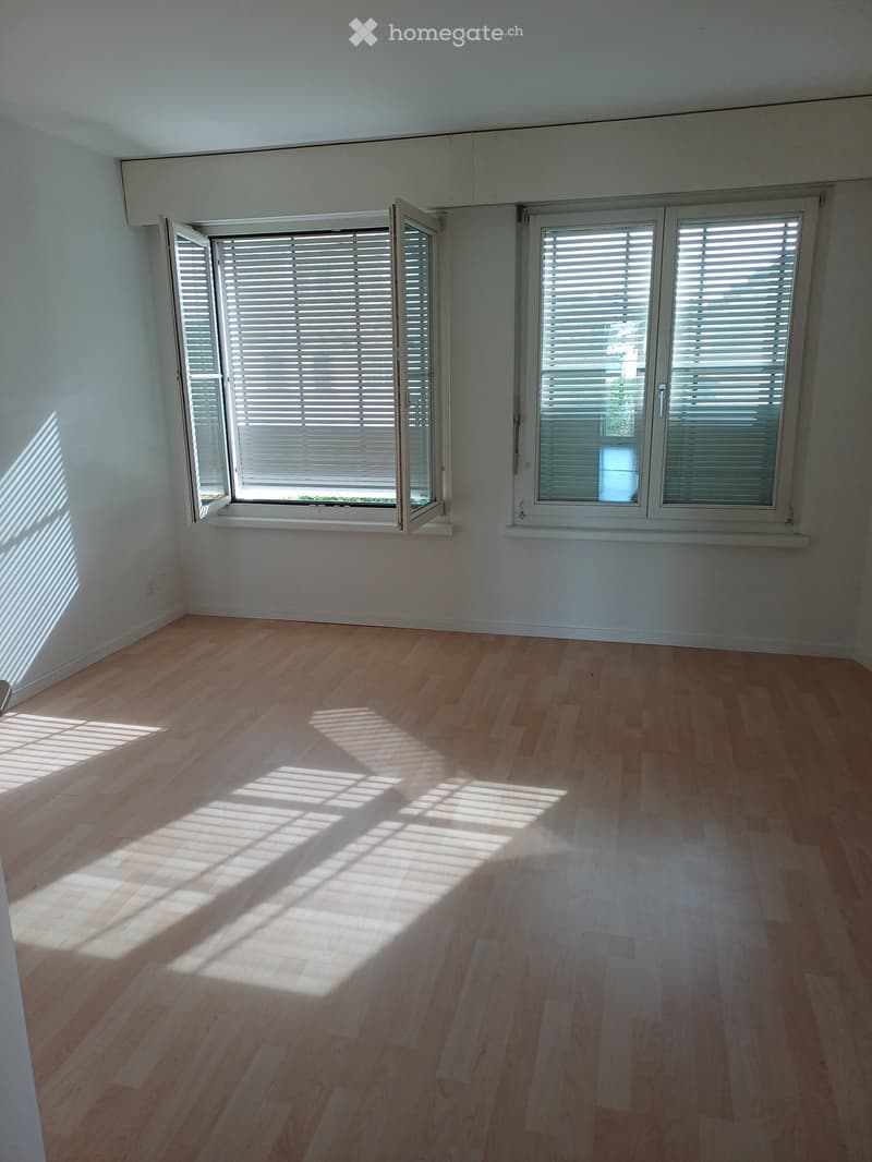 Empty room with light wooden flooring and white walls, featuring two windows with white blinds, one of which is open, allowing natural light to enter.