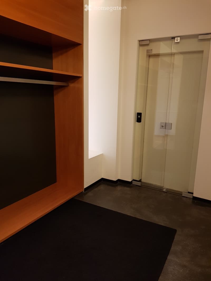 Wooden shelf, black carpet, white wall, glass door with handle, small window