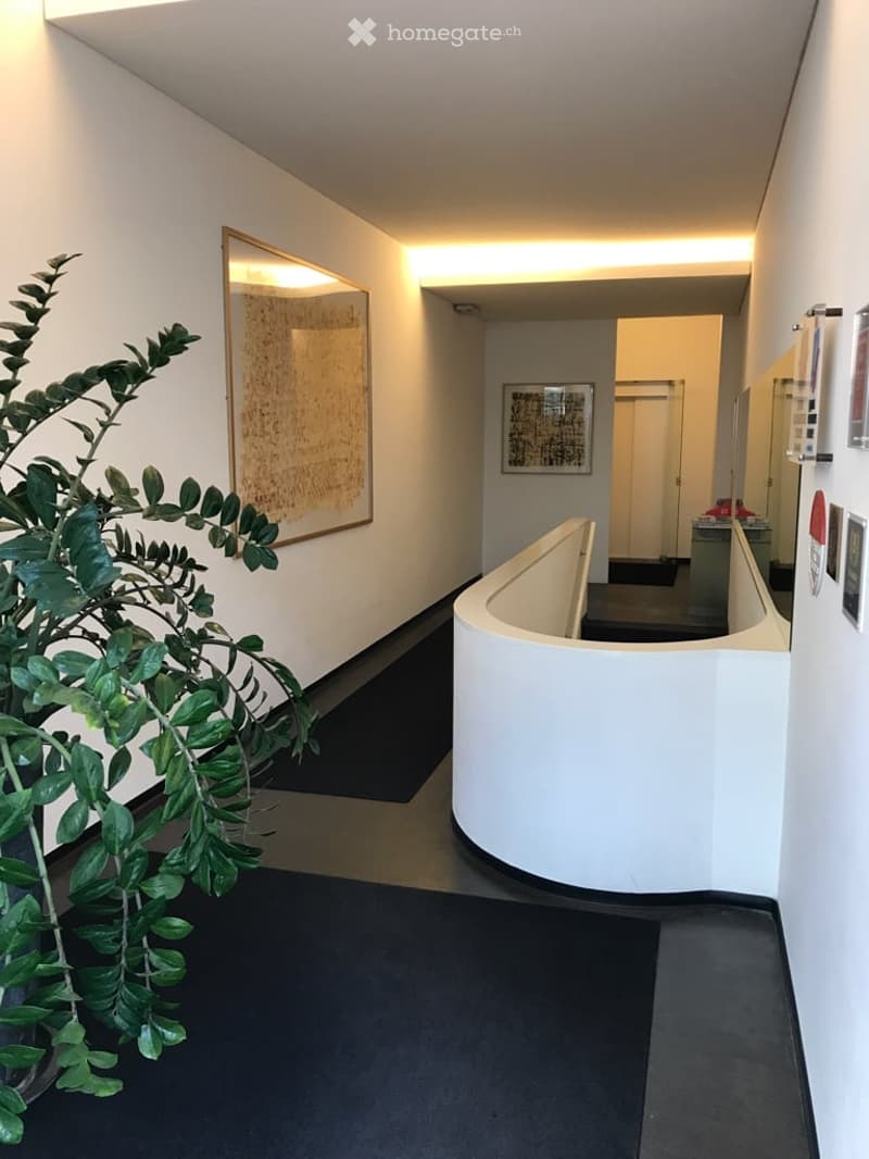 The image shows the interior of a building's lobby or entrance area. It has a modern, minimalist design with white walls, a curved white reception desk, and a potted plant. The lighting appears to be warm and inviting, creating a welcoming atmosphere.