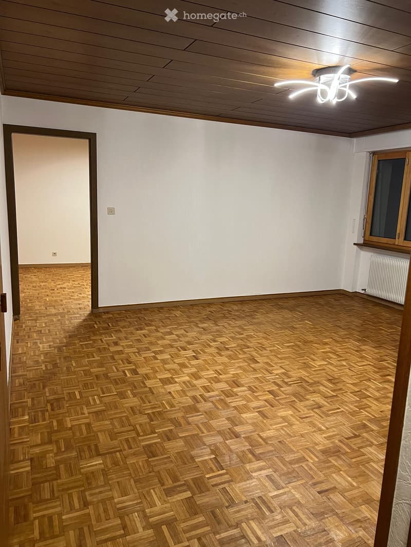 Empty room with wooden herringbone flooring, white walls, and a ceiling light fixture. Features a door and a window with a radiator below it.