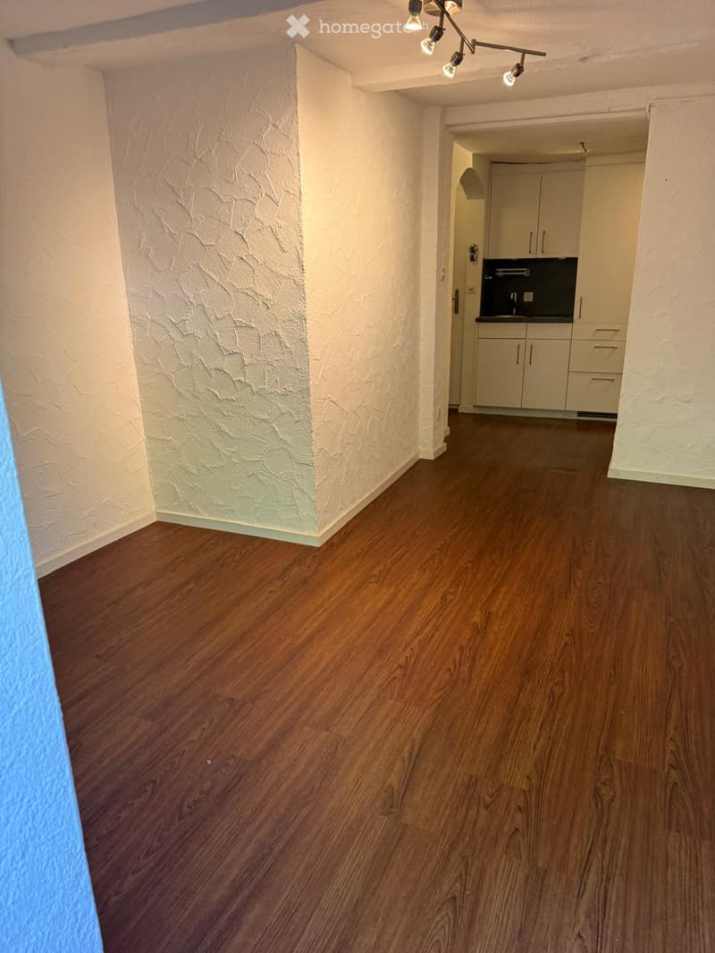 Empty hallway with wooden flooring and white walls, leading to a small kitchen area with cabinets and a countertop.
