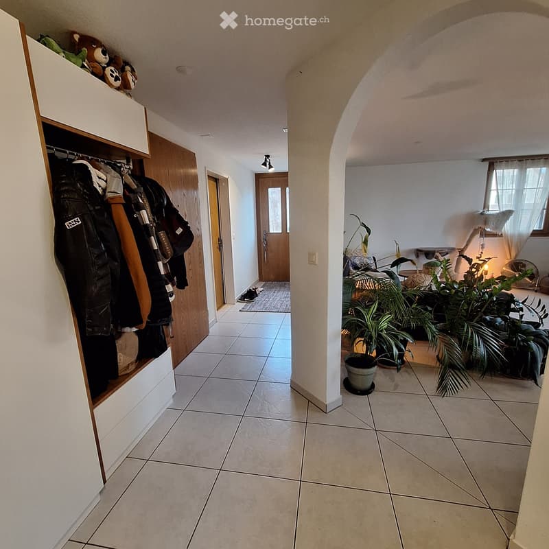 A well-lit hallway with tiled flooring, white walls, and a wooden closet on the left side holding jackets and other items. A small plant is visible in the adjacent room on the right.