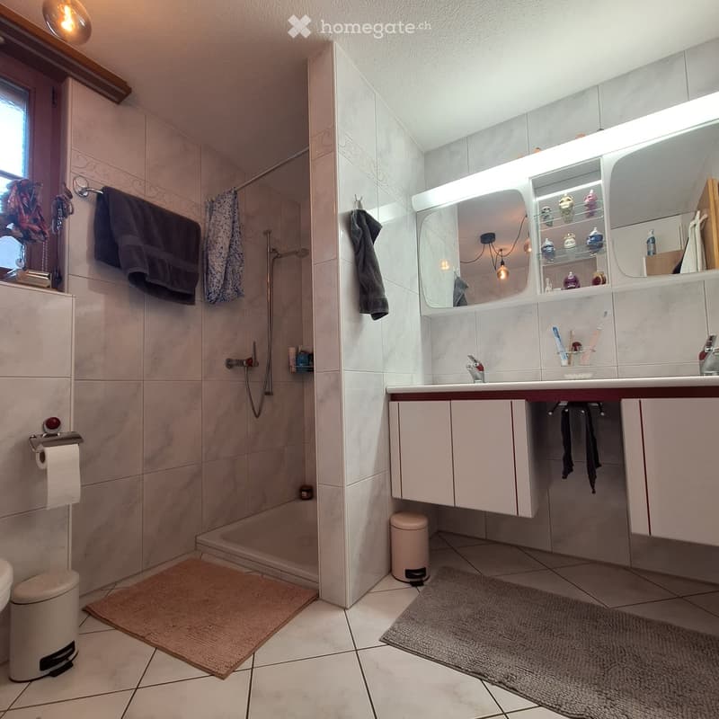 Modern bathroom with a large mirror, sink, and shower area. Features include a built-in cabinet, towels, and a trash bin.
