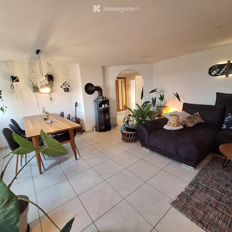 Modern living room with a dark grey sectional sofa, coffee table, dining table with chairs, fireplace, and several potted plants.