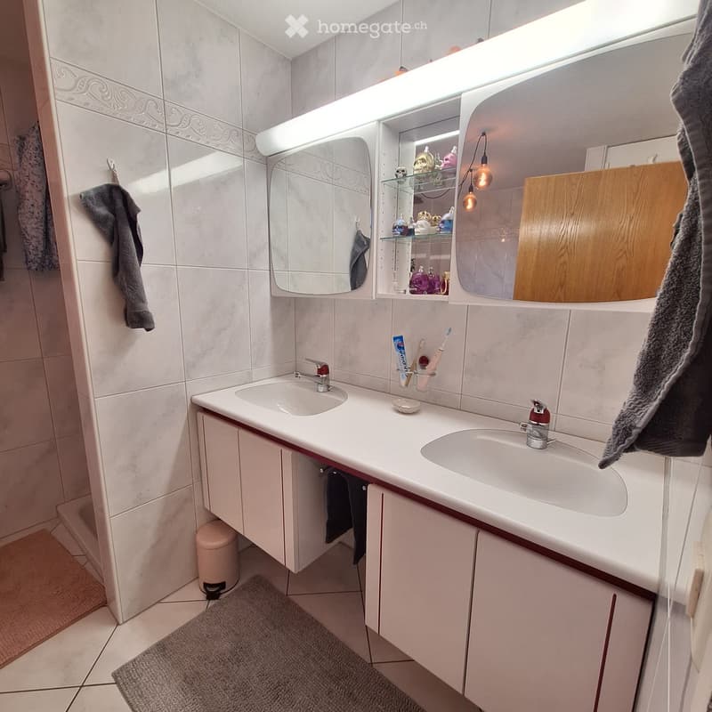 Modern bathroom with double sink, mirrored cabinet, and built-in storage. Features include a light fixture above the mirror, a small trash bin, and a towel hanging on the side.
