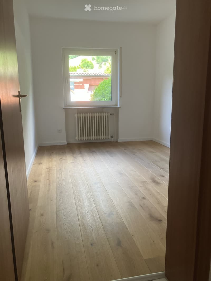 Empty room with light wooden flooring, white walls, a window with white frame, and a radiator below the window.