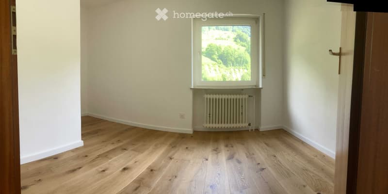 Empty room with light-colored wooden flooring, white walls, a window with a view, and a radiator below the window.