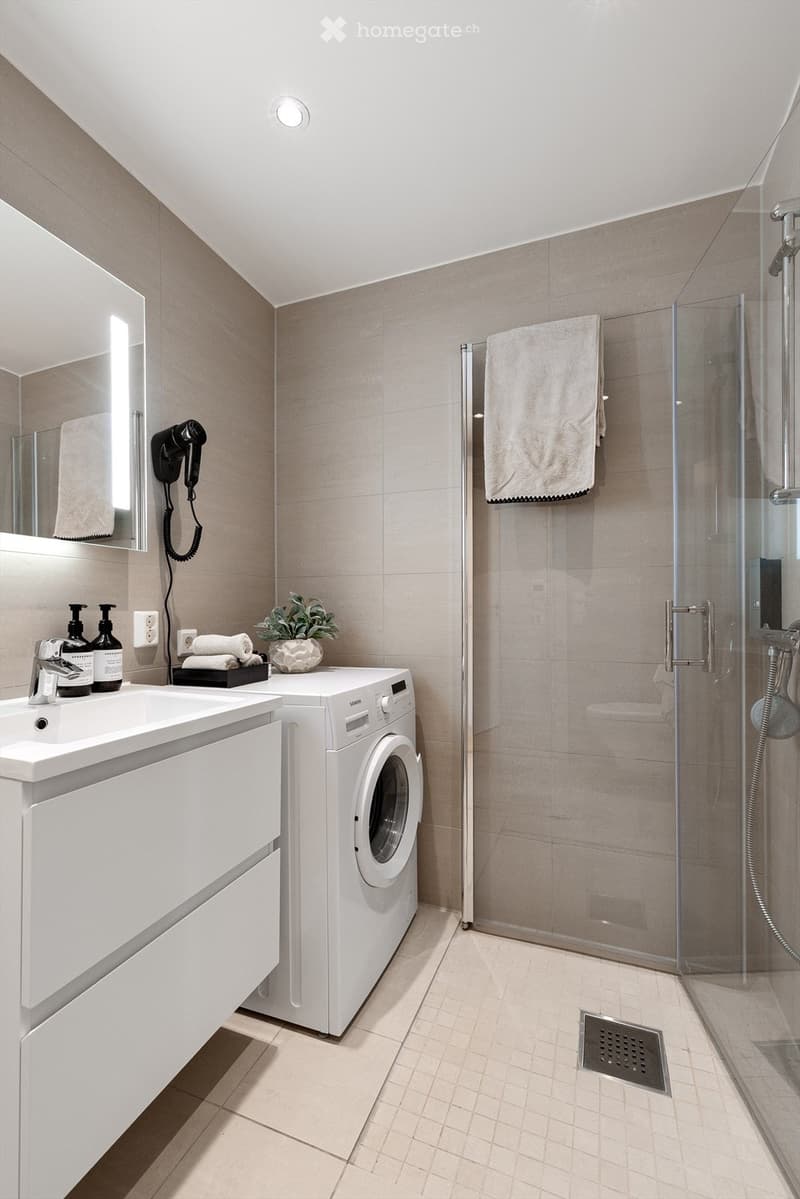 Modern bathroom with a white sink, mirror, washing machine, glass shower enclosure, and neatly arranged towels.
