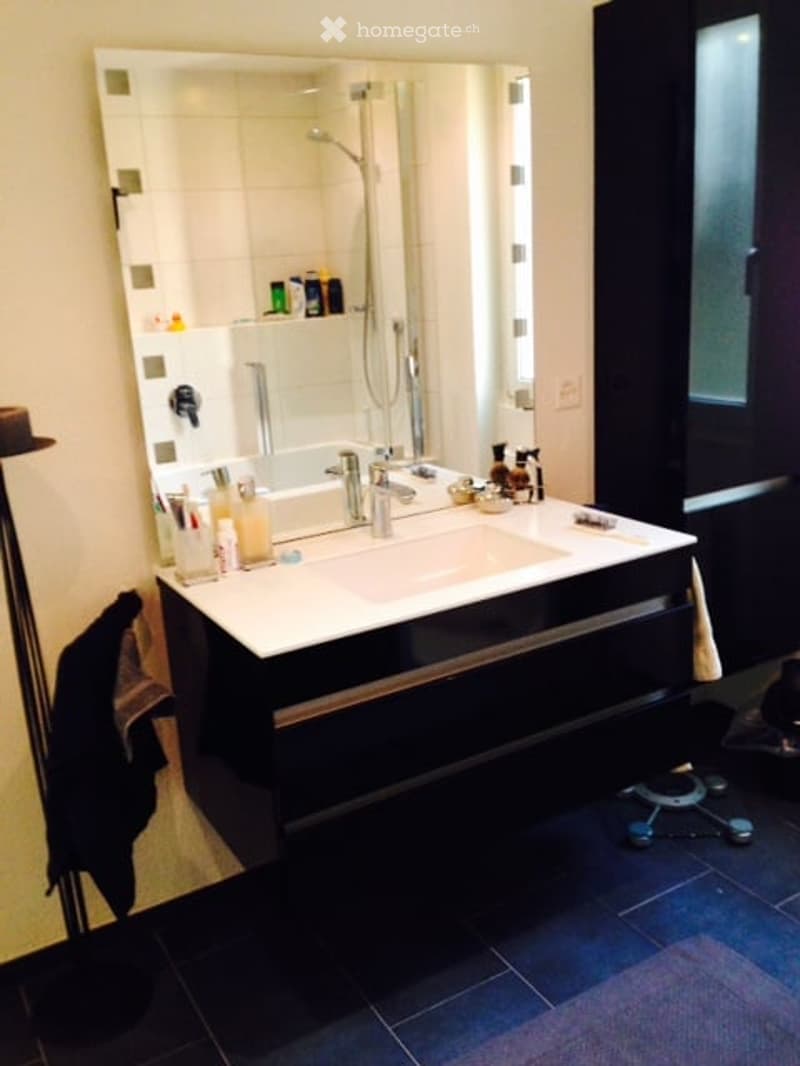 Modern bathroom with a large vanity, double sink, large mirror, and shower area. The vanity has multiple drawers and a sleek black finish, with various toiletries and a towel visible.