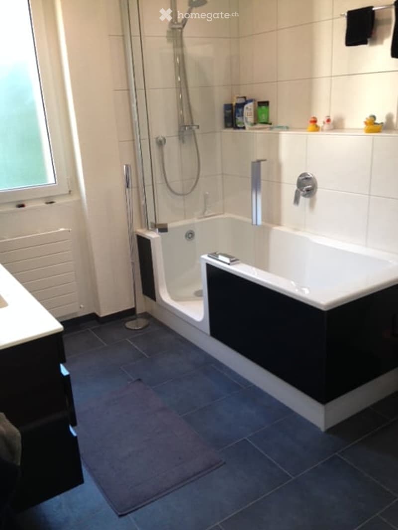 Modern bathroom with a white bathtub, shower area, sink, and tiled walls and floor. Includes a towel and small decorative items on the shelf.